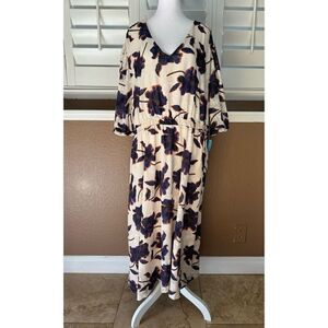 Draper James RSVP Women's 3X Elbow Sleeve Midi Dress Cream Blue Floral Jacquard